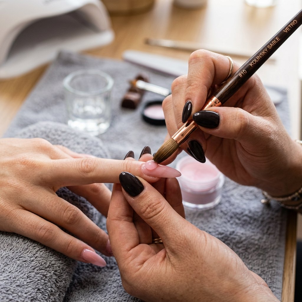 Close up of a nail technician applying pink acrylic powder using a monomer brush