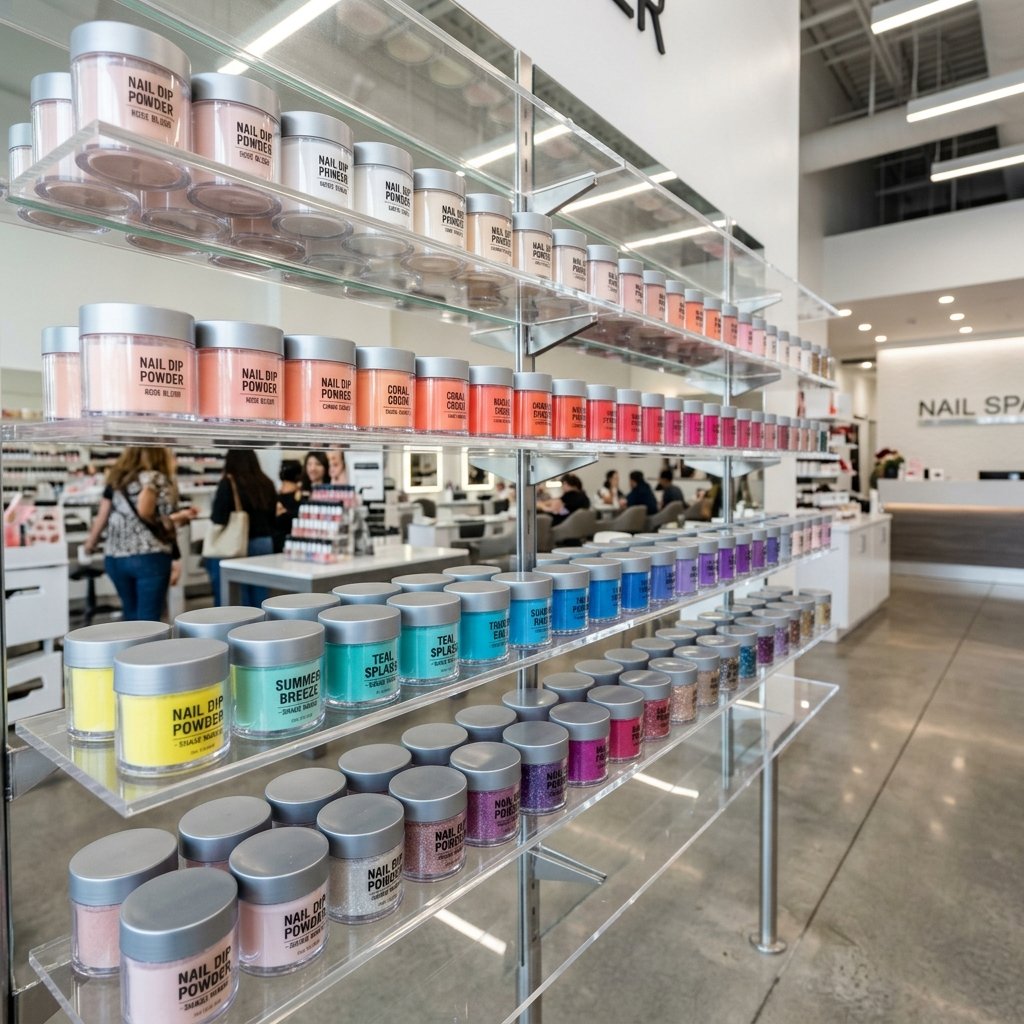 Neat rows of colorful dipping powder jars on salon display shelf