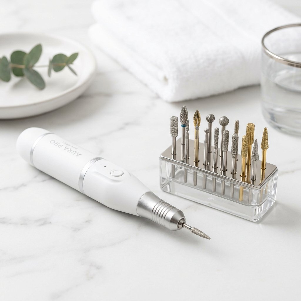 Cordless white electric nail drill e-file and set of metal drill bits on marble table