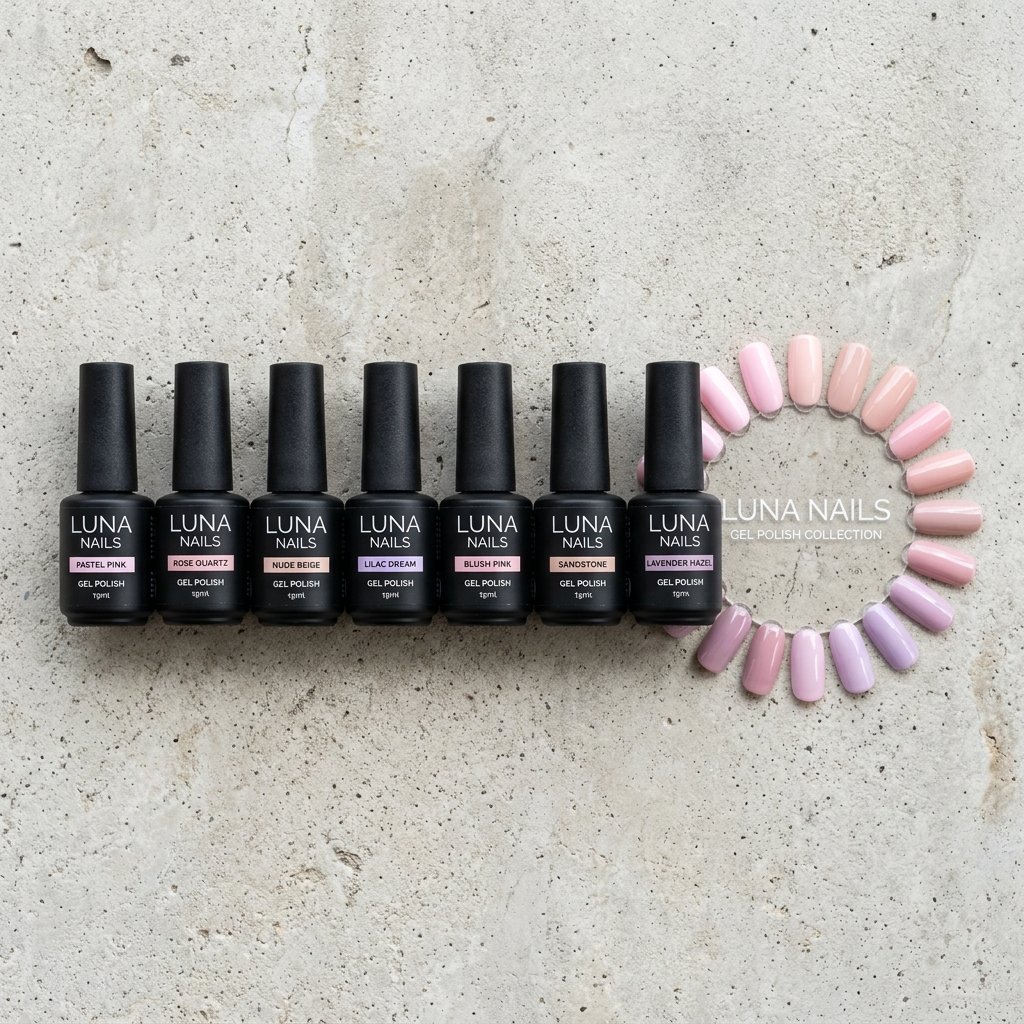 Flat lay of professional gel polish bottles with colorful nail swatch rings