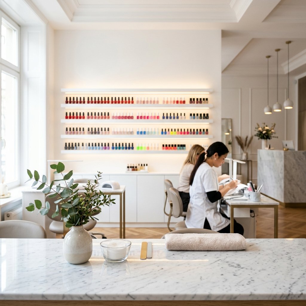 Elegant modern nail salon reception and display shelves with professional nail supplies