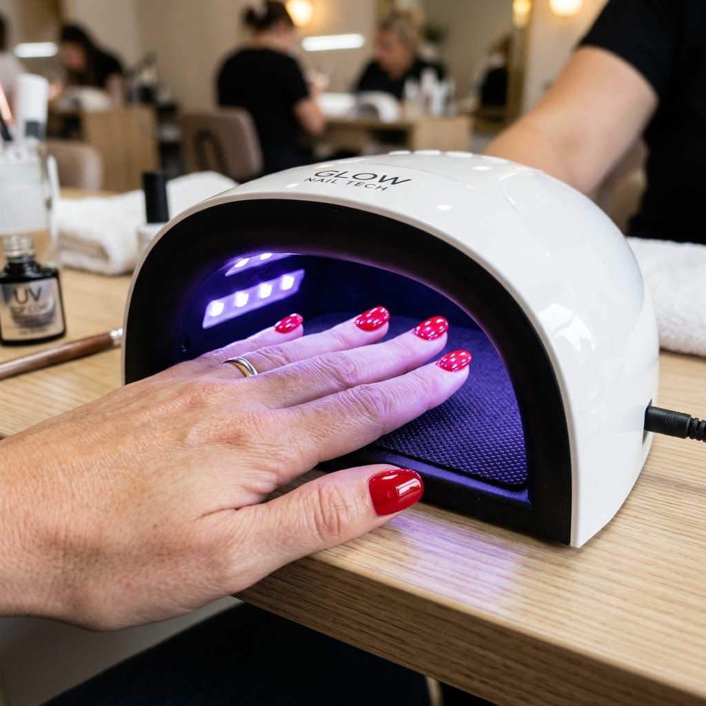 Client hand placing freshly painted gel nails under white LED nail curing lamp