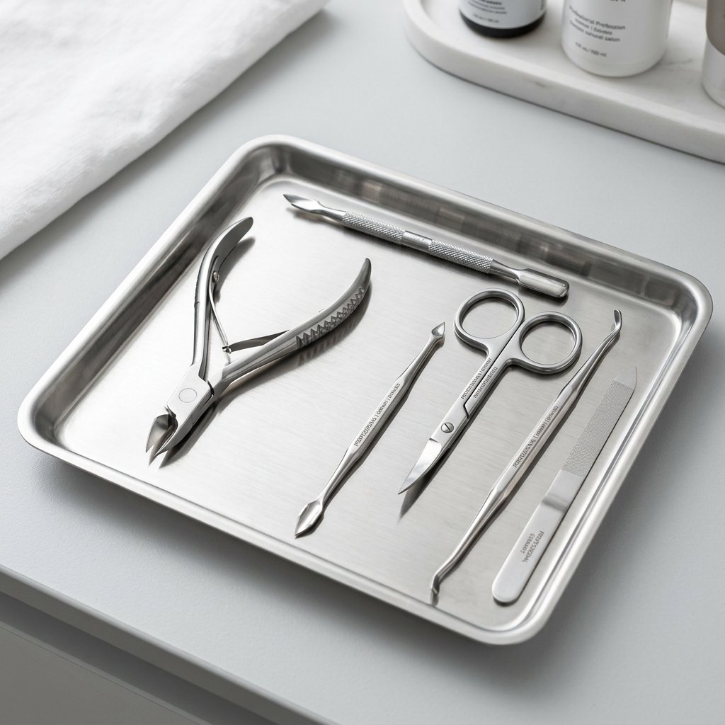 Sanitized stainless steel cuticle nippers and pushers on sterilization tray