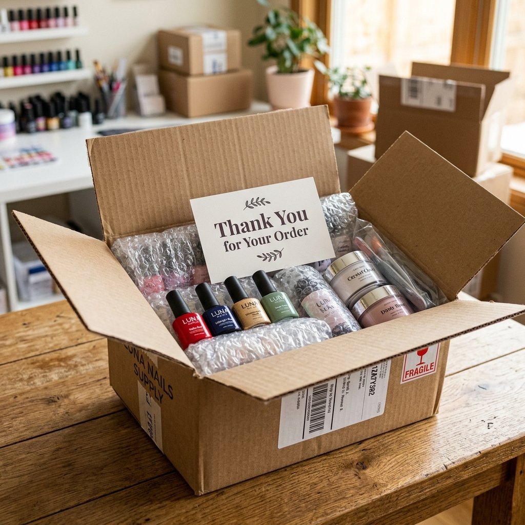Open cardboard shipping box filled with organized professional nail supplies and a thank you card